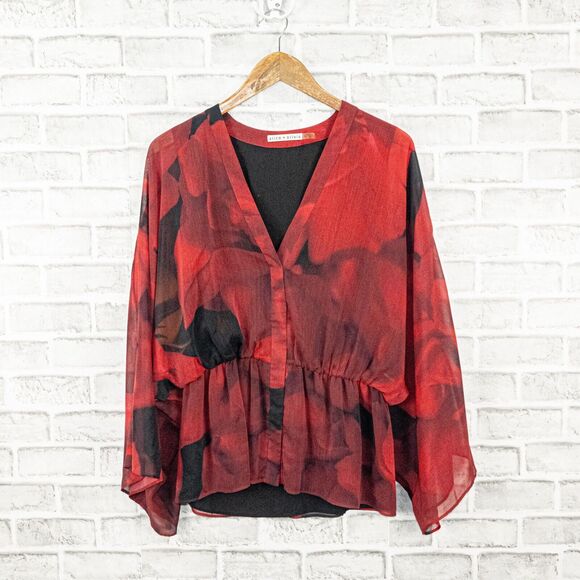 Alice + Olivia Women's V-neck Blouse Red Black Rose Size Medium - Picture 5 of 8